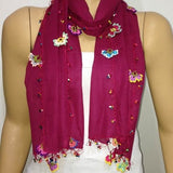 Crocheted Sour Cherry color scarf with handmade multi color oya flowers - Burgundy scarf - Beaded Scarf - Crochet Beaded Scarf