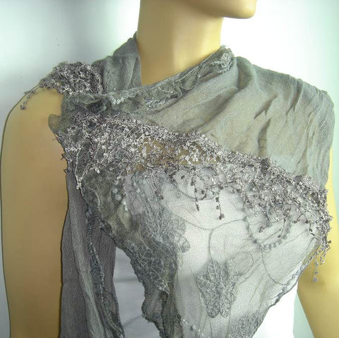 Dark Gray cotton scarf with lace - Grey Scarf