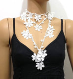 White beaded lariat - Double size - Crochet oya lace Necklace - All Snow White - Bridal