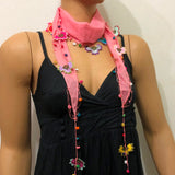 Peach Pink Scarf with Handmade Oya Lace Flowers