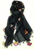 NAVY scarf with handmade multi color oya flowers -Navy scarf - Beaded Scarf - Crochet Beaded Scarf