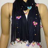 NAVY scarf with handmade multi color oya flowers -Navy scarf - Beaded Scarf - Crochet Beaded Scarf