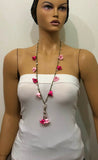 Pink Crochet oya TULIP lace necklace with pink Quartz stones