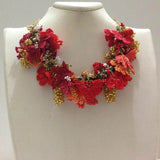 Orange and Coral with Golden Grapes - Crochet OYA Lace Necklace