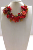 Orange and Coral with Golden Grapes - Crochet OYA Lace Necklace