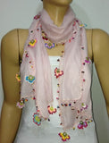 Crochet Flowers Scarf - Light Pink scarf with handmade multi color oya flowers - Pink Blush scarf - Beaded Scarf - Crochet Beaded Scarf