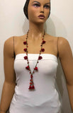 Red Crochet oya TULIP lace necklace with red Coral stones