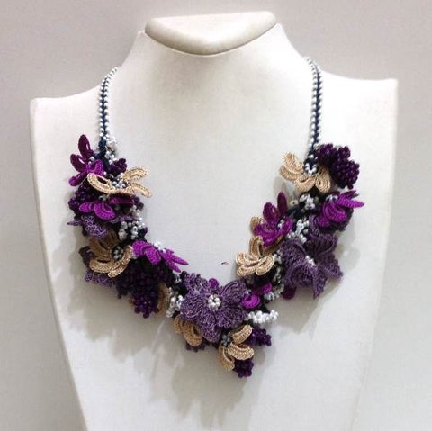 Purple amd Beige Beaded Crochet Necklace - Crochet OYA Lace Necklace - Mixed Flower Bouquet Necklace
