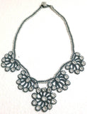 Grey with White Beads - Choker Necklace with Crocheted Bead Flower Oya