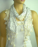 Ivory white cotton scarf with tulle and lace - Tiny grey flowers printed scarf