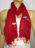 RED scarf with handmade multi color oya flowers - Beaded Scarf - Crochet Beaded Scarf