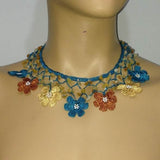 BLUE, Yellow and Brown Choker Necklace with Crocheted flower and semi precious Citrin Stones