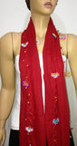 RED scarf with handmade multi color oya flowers - Beaded Scarf - Crochet Beaded Scarf