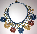 BLUE, Yellow and Brown Choker Necklace with Crocheted flower and semi precious Citrin Stones