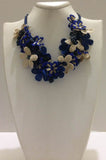 Cobalt Blue and Beige Bouquet Necklace - Parliament BLUE -  Crochet OYA Lace Necklace