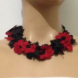 Black and Red Bouquet Necklace -  Crochet OYA Lace Necklace
