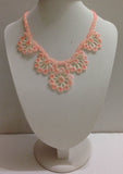 Salmon Pink Bead with White Thread - Choker Necklace with Crocheted Bead Flower Oya