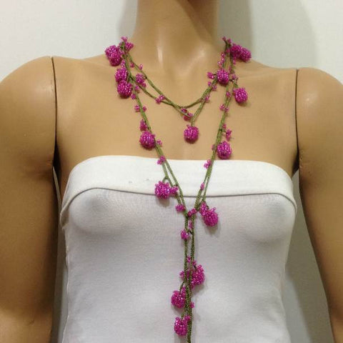 PINK Crochet Berry bead oya - Berry Necklace - Beaded Lariat -  Necklace Lariat Necklace