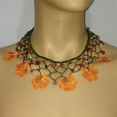 ORANGE Choker Necklace with Crocheted Flower and semi precious Agate Stones