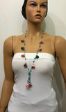 Pink Beige and Teal Crochet oya TULIP lace necklace with turquoise stones