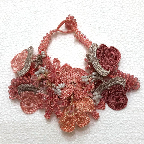 Antique Pink Bouquet Bracelet with Pink Grapes - Crochet OYA Lace Bracelet