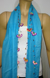 Crocheted TURQUOISE scarf with handmade multi color oya flowers - Turquoise scarf - Beaded Scarf - Crochet Beaded Scarf