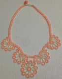 Salmon Pink Bead with White Thread - Choker Necklace with Crocheted Bead Flower Oya