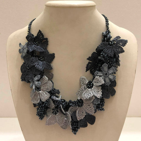 Silver and Charcoal Grey Bouquet Necklace -  Crochet OYA Lace Necklace