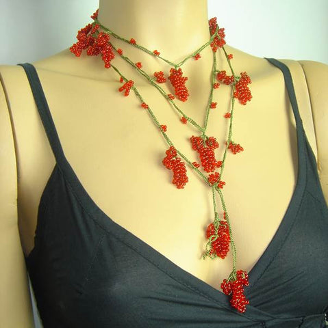 RED Grape Lariat Necklace - Red Crocheted Necklace