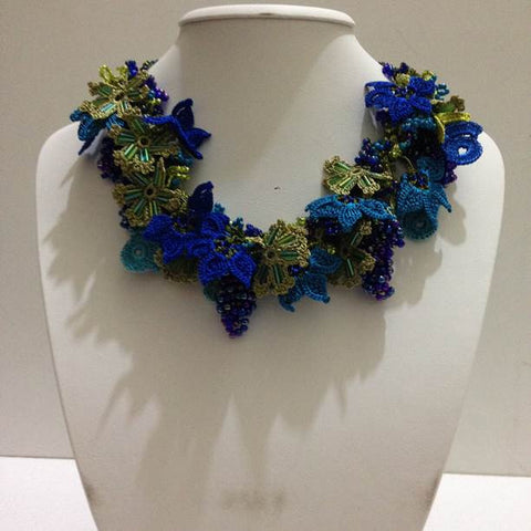Blue and Green Bouquet Necklace - Crochet OYA Lace Necklace