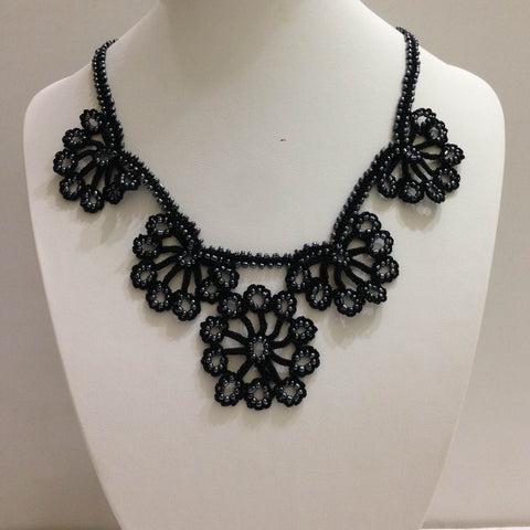 Black with Charcoal Beads - Choker Necklace with Crocheted Bead Flower Oya