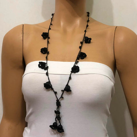 Black Crochet oya TULIP lace necklace with black ONYX stones