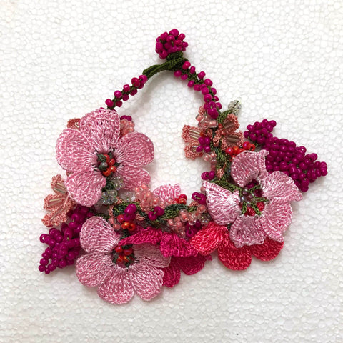 Hot Pink Bouquet Bracelet with Hot Pink Pink Grapes - Crochet OYA Lace Bracelet