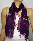 Crocheted PURPLE scarf with handmade multi color oya flowers- Beaded Scarf - Crochet Beaded Scarf