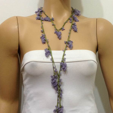 Lavender Crochet grapes bead oya - Berry Necklace - Beaded Lariat -  Necklace Lariat Necklace