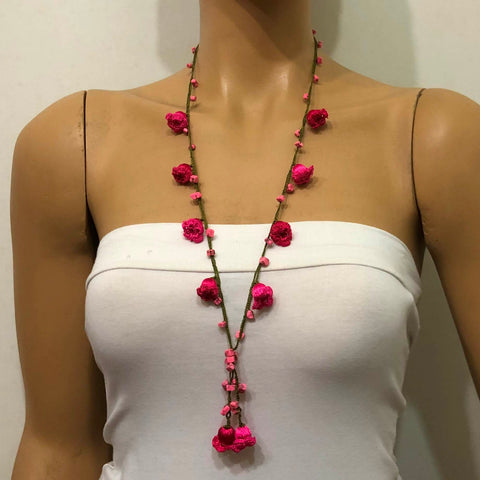 Hot Pink Crochet oya TULIP lace necklace with pink stones