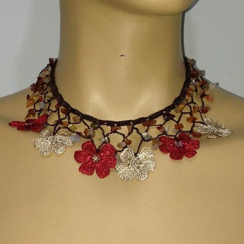Burgundy and Beige Choker Necklace with Crocheted Flower and semi precious Agate Stones