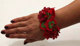 Red and Green Christmas Bouquet Bracelet with Red Grapes - Crochet OYA Lace Bracelet