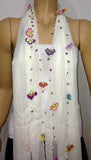 Crocheted Off-White scarf with handmade multi color oya flowers - Purple scarf - Beaded Scarf - Crochet Beaded Scarf