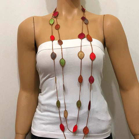 180013 Brown Multicolor Leaf Necklace - Oya Drop Necklaces - Oval Leaf Necklace