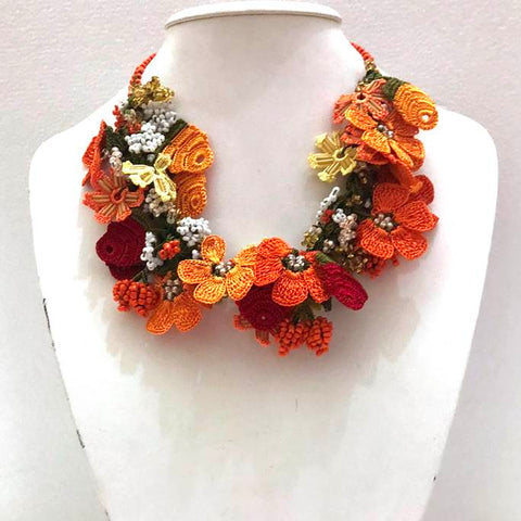 Orange, Red and Yellow - Crochet OYA Lace Necklace