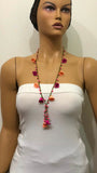 Orange and Pink Crochet oya TULIP lace necklace with pink stones