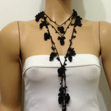 BLACK Crochet grapes  bead oya - Berry Necklace - Beaded Lariat -  Necklace Lariat Necklace