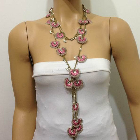 Pink and Beige Crochet Necklace - Beaded lariat - Crochet oya lace Necklace