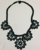 TEAL with Black Beads - Choker Necklace with Crocheted Bead Flower Oya