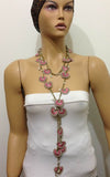 Pink and Beige Crochet Necklace - Beaded lariat - Crochet oya lace Necklace