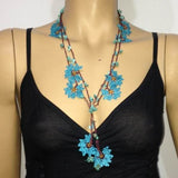 10.21.18 BLUE and Brown Crochet beaded flower lariat necklace with Turqoise Stones