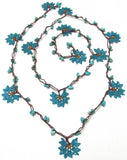 10.21.18 BLUE and Brown Crochet beaded flower lariat necklace with Turqoise Stones