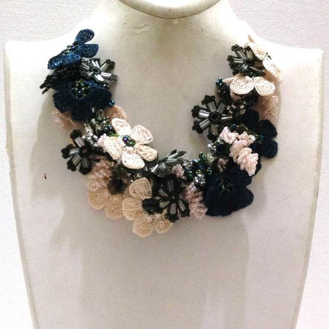 Beige White and Blue Bouquet Necklace - Crochet OYA Lace Necklace