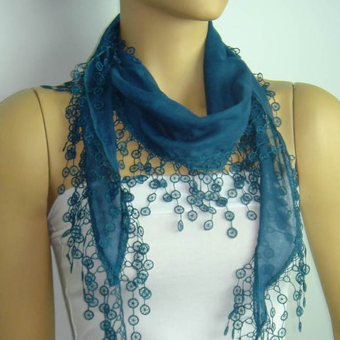 Petrol Blue Teal fringed edge scarf - Scarf with Lace Fringe